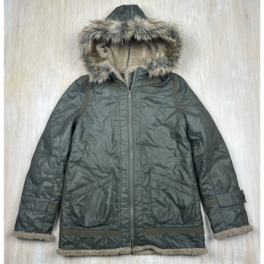 BCBGMaxazria Olive Green Faux Fur Hood Cabin Core Cozy Winter Warm Jacket Small